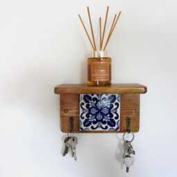 Mexican Tile Key Holder With Shelf Reclaimed Wood, Blue White Flower - thumbnail 2