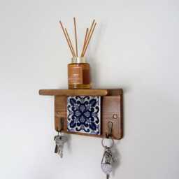 Mexican Tile Key Holder With Shelf Reclaimed Wood, Blue White Flower - thumbnail 1