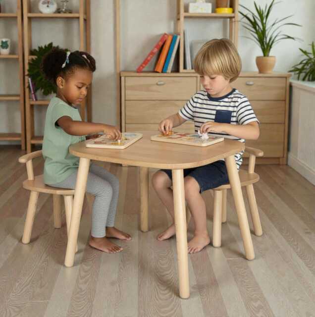 Smooth & Carefully Polished Table Chairs Set, Rounded Edges, Plastic-Free Montessori Furniture - image 1