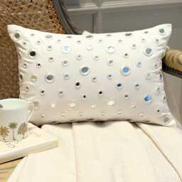 White Cotton Canvas Mirror Work Decorative Lumbar Pillow Cover, 12x16 Contemporary Oblong Cushion Cover, Circle & Dots Pattern Pillow-Mirrors