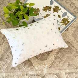 White Cotton Canvas Mirror Work Decorative Lumbar Pillow Cover, 12x16 Contemporary Oblong Cushion Cover, Circle & Dots Pattern Pillow-Mirrors - thumbnail 2