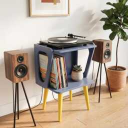Mid Century Record Player Stand Blue & Yellow, Vinyl Storage Cabinet, Retro Turntable Table, Handmade Furniture, Funky Painted Media Unit - thumbnail 4