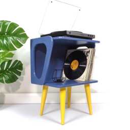 Mid Century Record Player Stand Blue & Yellow, Vinyl Storage Cabinet, Retro Turntable Table, Handmade Furniture, Funky Painted Media Unit - thumbnail 2