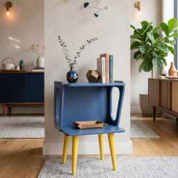 Mid Century Record Player Stand Blue & Yellow, Vinyl Storage Cabinet, Retro Turntable Table, Handmade Furniture, Funky Painted Media Unit - thumbnail 3