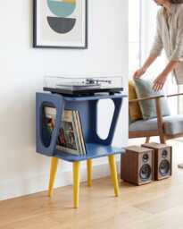 Mid Century Record Player Stand Blue & Yellow, Vinyl Storage Cabinet, Retro Turntable Table, Handmade Furniture, Funky Painted Media Unit