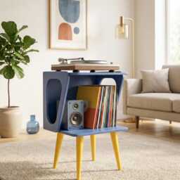 Mid Century Record Player Stand Blue & Yellow, Vinyl Storage Cabinet, Retro Turntable Table, Handmade Furniture, Funky Painted Media Unit - thumbnail 2