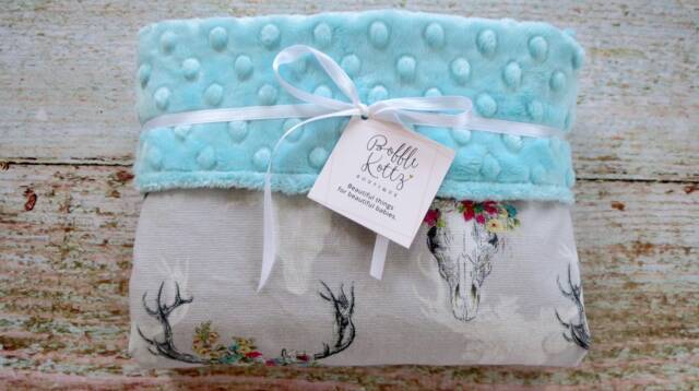 Floral Deer Skull Baby Blanket - Bohemian Minky Girl Light Turquoise Boho Nursery Gift - image 1