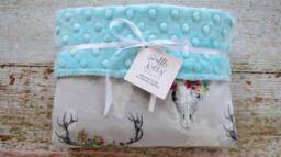 Floral Deer Skull Baby Blanket - Bohemian Minky Girl Light Turquoise Boho Nursery Gift - thumbnail 1