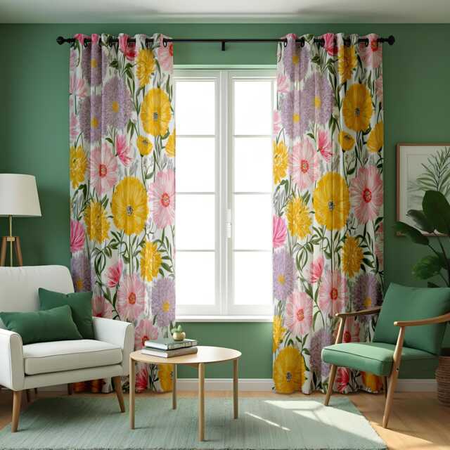 Yellow Floral Curtains, Bold Botanical Flower Drapes, Pink & Lilac Garden Print Panels, Custom Made Cheerful Spring Window Decor - image 1