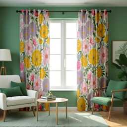 Yellow Floral Curtains, Bold Botanical Flower Drapes, Pink & Lilac Garden Print Panels, Custom Made Cheerful Spring Window Decor