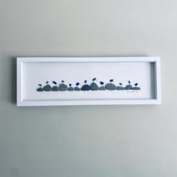 Blue Sea Glass Bird Wall Art - Framed Panoramic Pebble Picture Handmade in Cornwall - thumbnail 2
