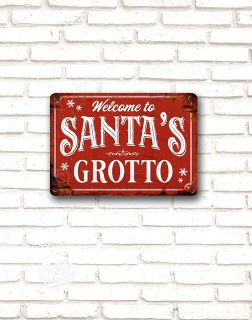 Santa's Grotto Sign, Distressed Red Aluminum Christmas Decor - image 1