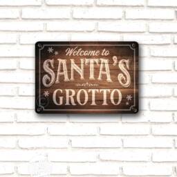 Santa's Grotto Sign, Distressed Red Aluminum Christmas Decor - thumbnail 2