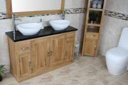 Solid Oak Bathroom Vanity Unit Cabinet Twin Ceramic Bowl Basin Tap Set 402Bqcbcx2