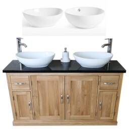 Solid Oak Bathroom Vanity Unit Cabinet Twin Ceramic Bowl Basin Tap Set 402Bqcbcx2 - thumbnail 2