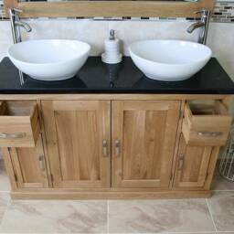 Solid Oak Bathroom Vanity Unit Cabinet Twin Ceramic Bowl Basin Tap Set 402Bqcbcx2 - thumbnail 3