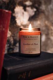 Leather & Plum Soy Candle - Amber Jar, Cozy Scent