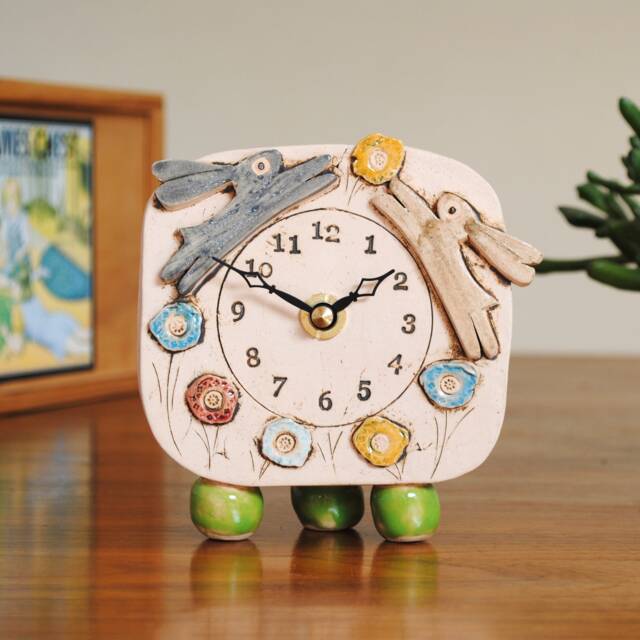 Handmade Ceramic Mantel Clock Rabbit, Hare & Flower Design - image 1
