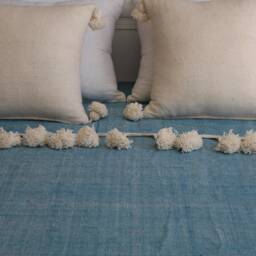 Moroccan Pom Turquoise Cotton Blanket & Throw With Braided Tassels Loomed By Hand For Eclectic Bohemian Berber Decoration - thumbnail 2