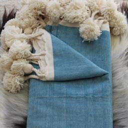 Moroccan Pom Turquoise Cotton Blanket & Throw With Braided Tassels Loomed By Hand For Eclectic Bohemian Berber Decoration - thumbnail 3