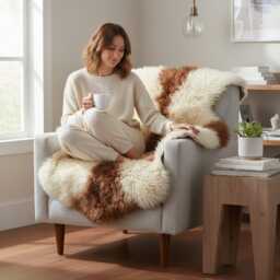Genuine Brown & White Sheepskin Rug - Soft Fluffy Wool Throw, Refurbished Accent Decor - thumbnail 1