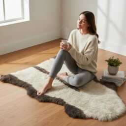Genuine Brown & White Sheepskin Rug - Soft Fluffy Wool Throw, Refurbished Accent Decor - thumbnail 4