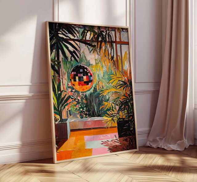 1970's Interior Disco Ball Greenhouse Art Print, Tropical Decor, 70S Style Aesthetic, Retro Funky Houseplant Poster - image 1
