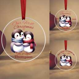 Personalised Family Christmas Tree Decoration Ornament Gift Hanging 2025 Acrylic Love Our First Together Mr&mrs Penguins - thumbnail 1