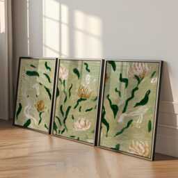 Japanese Vintage Illustration Posters - Set Of 3 Floral & Industrial Woodblock Art - thumbnail 3