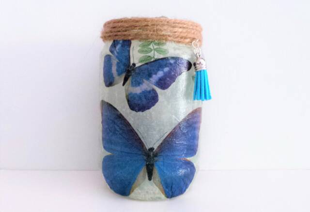 Butterfly Lantern Light Upcycled Glass Jar Nightlight, Blue Room Decor - image 1