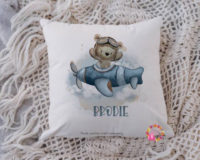 Teddy Cushion, Pillow, Birth Cushion, Bear Gift, Airplane, Airplane Gift, Gift For Boy, Child, Birth Announcement - image 1