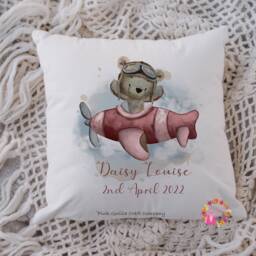 Teddy Cushion, Pillow, Birth Cushion, Bear Gift, Airplane, Airplane Gift, Gift For Boy, Child, Birth Announcement - thumbnail 2