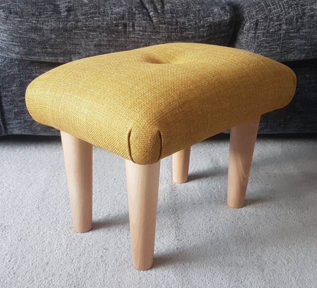 Mustard Yellow Footstool Handmade Upholstered Low Stool With Wooden Feet & Button, Model S - image 1
