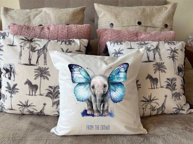 Elephant Blue Butterfly Wings Cushion Personalised Pillow Gift For Mum Lover Her Sister Daughter Teacher Nursery New Baby - image 1