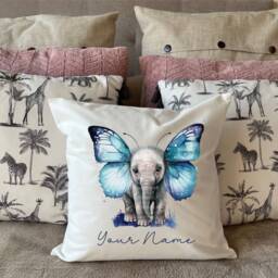 Elephant Blue Butterfly Wings Cushion Personalised Pillow Gift For Mum Lover Her Sister Daughter Teacher Nursery New Baby - thumbnail 3