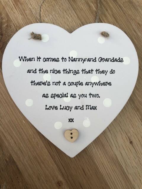 Grandparents Personalised Heart Hanging Plaque Gift Or Any Name. Shabby Chic Style. Nana Grandad Granny Gran Grandpa Nanny Etc - image 1
