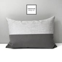 Modern Silver Grey & Charcoal Sunbrella?? Outdoor Pillow Cover in Color Block, Granite Gray Cushions - thumbnail 3