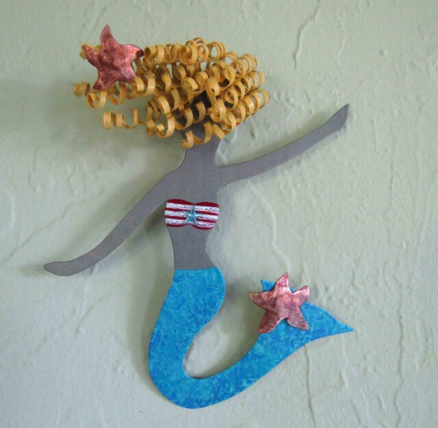 Metal Mermaid Wall Art Beach House Decor, Blonde Hair, Copper Starfish - image 1