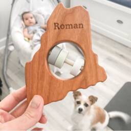 Maine State Baby Rattle Modern Wooden Toy, Organic Cherry Wood - thumbnail 2