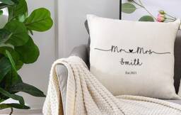 Personalised Mr & Mrs Wedding Cushion, Ideal Wedding Gift For Her/Him, Married, Anniversary - thumbnail 1