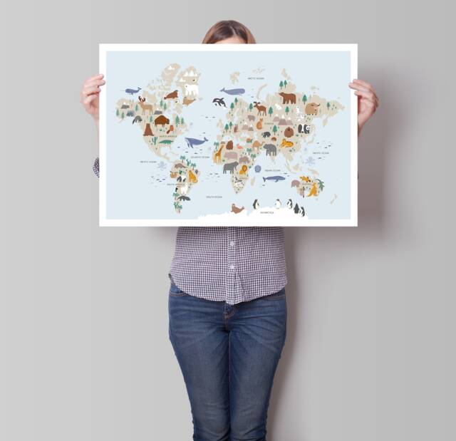 Animal Map Of The World - Children's Child's Gift Kids Bedroom Art Safari Nursery Art Playroom - image 1