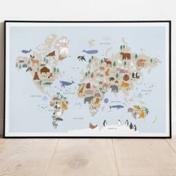 Animal Map Of The World - Children's Child's Gift Kids Bedroom Art Safari Nursery Art Playroom - thumbnail 3