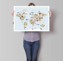 Animal Map Of The World - Children's Child's Gift Kids Bedroom Art Safari Nursery Art Playroom - thumbnail 1
