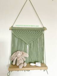 Eucalyptus Green Cotton Macrame Solid Oak Hanging Shelf/Wall Decor/Solid Oak Shelf/Eco Packaging/Eco Friendly/Shelving/Vegan Friendly, Vegan - thumbnail 1