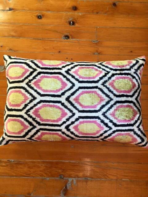 Honeycomb Velvet Ikat Pillow - Silk Handwoven Uzbek Pillow Cover For Lumbar Pillows - image 1
