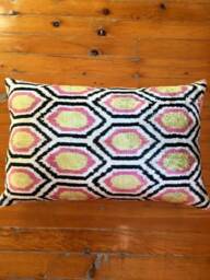 Honeycomb Velvet Ikat Pillow - Silk Handwoven Uzbek Pillow Cover For Lumbar Pillows - thumbnail 1