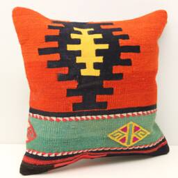 Handmade Kilim Pillow Cover, 16x16 Inch, Boho Home Decor - thumbnail 1