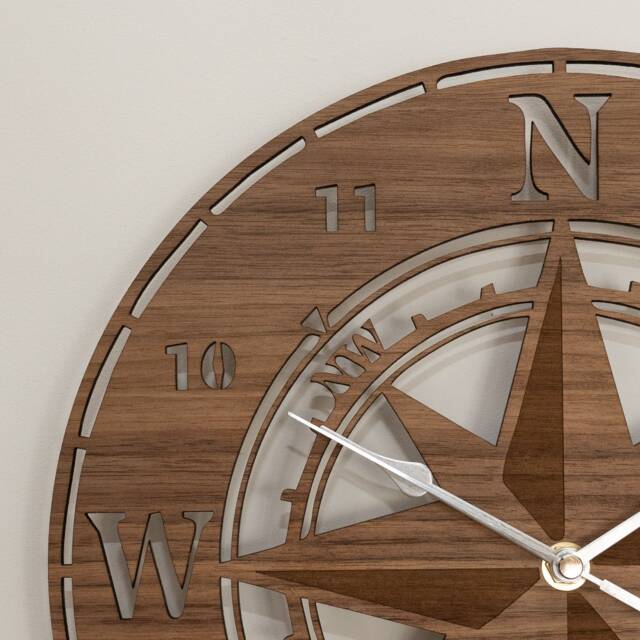 Handmade Wooden Silent Compass Wall Clock Up To 90cm in Oak, Cherry Or Walnut - Silver Gold Hands - image 1