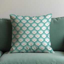 Teal Geometric Floral Cushion Cover, Decorative Throw Pillowcase, Retro Pattern Case, Modern Sofa Cover - thumbnail 2