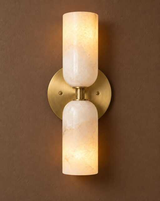 Handcrafted Brass Double Wall Sconce - Alabaster Bathroom Vanity Light Mid Century Modern Lamp - image 1
